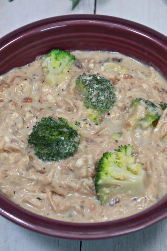 Tender, shredded chicken in a rich, delicious gravy flavored with onion and mushrooms.