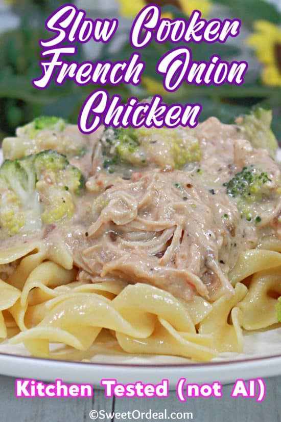 Slow Cooker French Onion Chicken uses simple pantry items to create this amazingly delicious meal that can be served a number of ways.