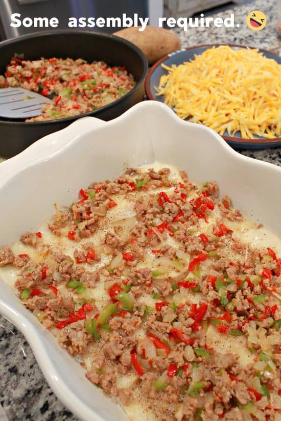 A scrumptious meal of Italian sausage with veggies and cheese perfect for a leisurely cooking day.