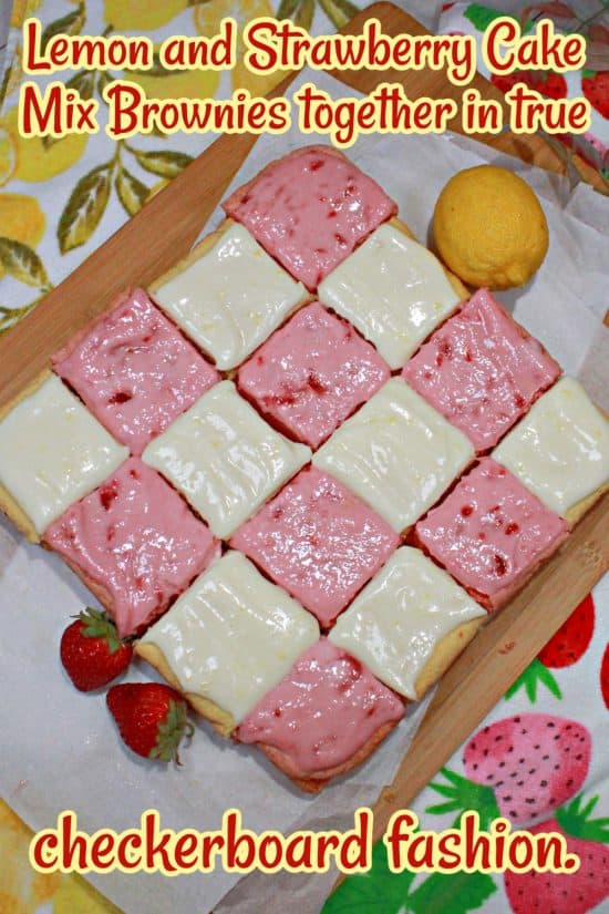 Delicious brownies shown in a checkboard pattern; lemon and strawberry flavor is always a hit.