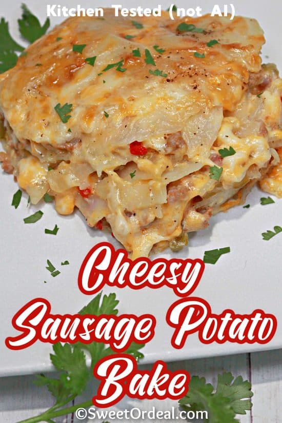 Cheesy Sausage Potato Bake has thin layers of potato, savory Italian sausage, and lots of cheese.