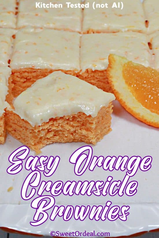 Easy Orange Creamsicle Brownies has cheerful citrus flavor with a delicious cream cheese frosting speckled with orange zest.