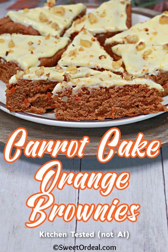 Carrot Cake Orange Brownies are easily made from a cake mix for a complex mix of delicious flavors.