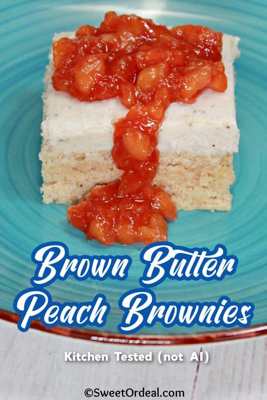 Brown Butter Peach Brownies have soft, chewy spiced brownies with brown butter cream cheese frosting finished with peach compote.
