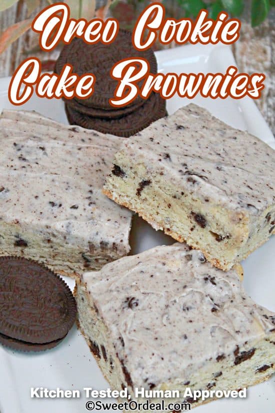 Oreo Cookie Cake Brownies have chopped cookies mixed into the cake mix batter for an easy treat.