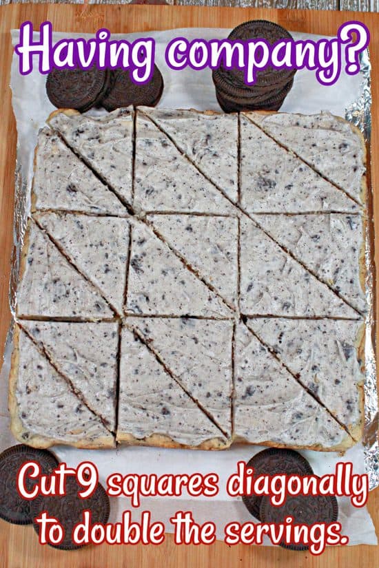 An easy dessert made from a cake mix and Oreo cookies, then frosted with an Oreo-infused cream cheese frosting.